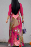 Green Floral Print Lace Up Belted Long Sleeve V Neck Casual Swing Maxi Dresses