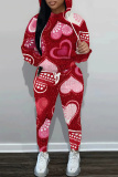 Red Love Print Zipper Collar Long Sleeve Sweatshirt And Pants Casual Sportwear Two Pieces Jogger Sets