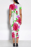 Black Flowers Floral Print O Neck Short Sleeve Bodycon Midi T-shirt Dress