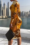 Off White Floral Print U Neck Long Sleeve Long Casual Outing Bodycon Maxi Dress