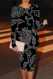 Off White Floral Print U Neck Long Sleeve Long Casual Outing Bodycon Maxi Dress