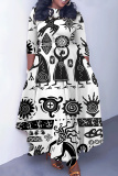 Multicolor Casual Graphics Print O Neck 3/4 Sleeve Belted Pockets Long Vacation Pleated Maxi Dresses