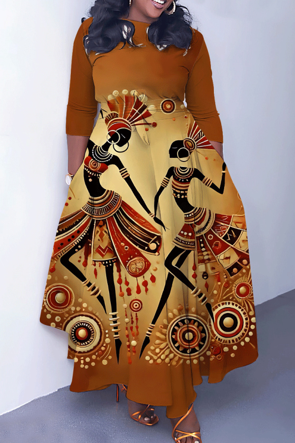 Brown Casual African Figure Print O Neck 3/4 Sleeve Belted Pockets Long Vacation Pleated Maxi Dresses
