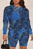 Grey Faux Denim Print O Neck Long Sleeve Sweatshirt And Shorts Casual Two Pieces Shorts Sets