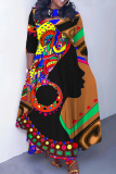Brown Casual African Figure Print O Neck 3/4 Sleeve Belted Pockets Long Vacation Pleated Maxi Dresses