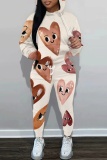 Red Love Print Zipper Collar Long Sleeve Sweatshirt And Pants Casual Sportwear Two Pieces Jogger Sets
