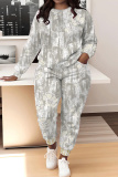 Khaki Graphics Print O Neck Long Sleeve Sweatshirt And Drawstring Pants Sportwear Casual Two Pieces Sweatpant Set