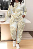 Khaki Graphics Print O Neck Long Sleeve Sweatshirt And Drawstring Pants Sportwear Casual Two Pieces Sweatpant Set