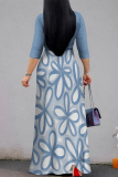 Green Floral Print Lace Up Belted Long Sleeve V Neck Casual Swing Maxi Dresses