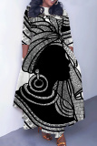 Multicolor Casual Graphics Print O Neck 3/4 Sleeve Belted Pockets Long Vacation Pleated Maxi Dresses