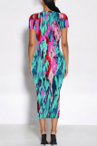 Red Gradient Floral Print O Neck Short Sleeve Bodycon Midi T-shirt Dress