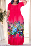 Reddish Brown Graphics Print Short Sleeve O Neck Floor Length Loose Vacation Baggy Maxi T-shirt Dress