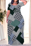 Yellow Green Flowers Plaid Ombre Print V Neck Short Sleeve Floor Length Baggy Vacation Casual Maxi T-shirt Dresses