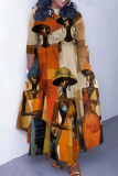 Brown Casual African Figure Print O Neck 3/4 Sleeve Belted Pockets Long Vacation Pleated Maxi Dresses