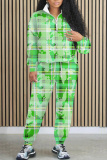 Army Green Graphics Print Zipper Collar Long Sleeve Sweatshirt And Pants Casual Sportwear Two Pieces Jogger Sets