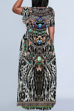 Reddish Brown Graphics Print Short Sleeve O Neck Floor Length Loose Vacation Baggy Maxi T-shirt Dress