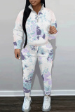 White Graphics Print Zipper Collar Long Sleeve Sweatshirt And Pants Casual Sportwear Two Pieces Jogger Sets