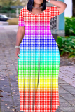 Yellow Green Flowers Plaid Ombre Print V Neck Short Sleeve Floor Length Baggy Vacation Casual Maxi T-shirt Dresses