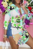 Dark Green Casual Floral Print Shirt Collar Long Sleeve Vacation Side Slit Blouse