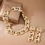 Gold Linked Circle Choker Chains Necklace And Earrings Two Piece Set
