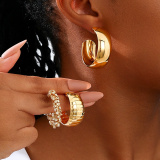 Gold Rhinestone Decor Hoop Earrings And Rings Three Piece Set