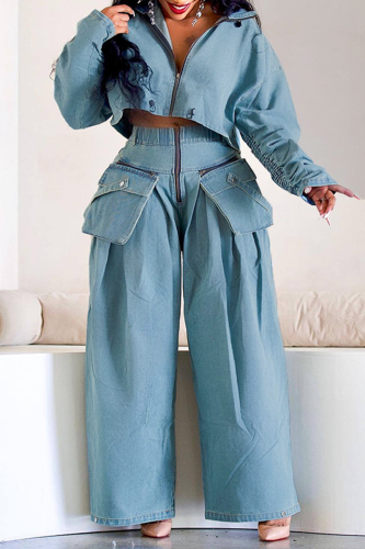 Blue Casual Zipper Long Sleeve Denim Crop Jackets And Cargo Pants Two Pieces Trouser Sets Blue Casual Zipper Long Sleeve Denim Crop Jackets And Cargo Pants Two Pieces Trouser Sets
