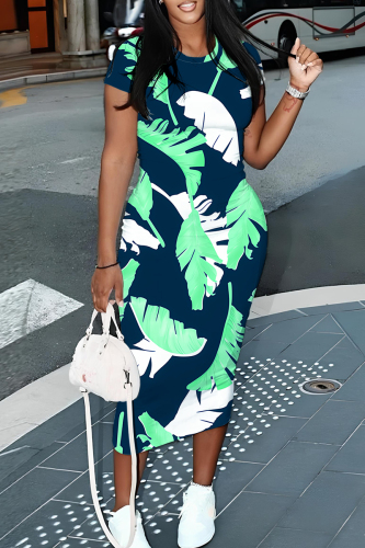 Black Flowers Floral Print O Neck Short Sleeve Bodycon Midi T-shirt Dress