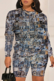 Grey Faux Denim Print O Neck Long Sleeve Sweatshirt And Shorts Casual Two Pieces Shorts Sets