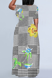 Yellow Green Flowers Plaid Ombre Print V Neck Short Sleeve Floor Length Baggy Vacation Casual Maxi T-shirt Dresses