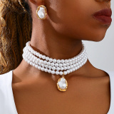 Party Pearls Decor Choker Layered Necklaces Earrings Two Piece Set