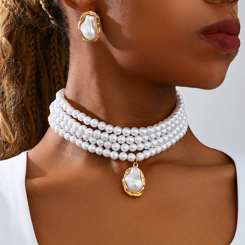 Party Pearls Decor Choker Layered Necklaces Earrings Two Piece Set