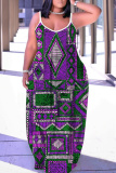 Purple Graphics Print Sleeveless Backless Spaghetti Strap Floor Length Vacation Baggy Sundress Slip Maxi Dress