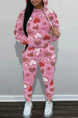 Red Love Print Zipper Collar Long Sleeve Sweatshirt And Pants Casual Sportwear Two Pieces Jogger Sets