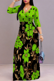 Green Floral Print Lace Up Belted Long Sleeve V Neck Casual Swing Maxi Dresses