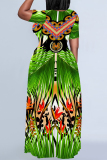 Reddish Brown Graphics Print Short Sleeve O Neck Floor Length Loose Vacation Baggy Maxi T-shirt Dress