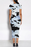 Red Gradient Floral Print O Neck Short Sleeve Bodycon Midi T-shirt Dress