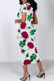 Black Flowers Floral Print O Neck Short Sleeve Bodycon Midi T-shirt Dress