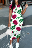 Black Flowers Floral Print O Neck Short Sleeve Bodycon Midi T-shirt Dress