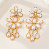 White Party Evening Pearls Decor Flowers Earrings
