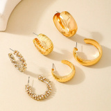Gold Rhinestone Decor Hoop Earrings And Rings Three Piece Set
