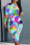 Gradient Tie Dye Floral Print O Neck Long Sleeve Casual Outing Bodycon Midi Dresses