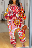 Multicolor Casual Graphics Print Off Shoulder Long Sleeve Vacation Loose Harem Jumpsuit