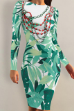 White Green Leaves Chain Print O Neck Long Sleeve Casual Outing Bodycon Midi Dresses