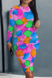 Purple Floral Print O Neck Long Sleeve Casual Outing Bodycon Midi Dresses