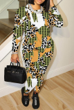 Green Plaid Flowers Tiger Stripes Print O Neck Long Sleeve Sweatshirt And Skinny Pants Casual Sportwear Two Pieces Sweatpant Sets