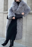 Grey Casual Long Sleeve Long Cardigan Faux Fur Coat