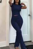 Navy O Neck Short Sleeve Crop T-shirt And Flare Leg Pants Sportwear Casual Two Pieces Jogger Sets