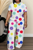 White Graphics Print O Neck Short Sleeve Oversize T-shirt And Wide Leg Pants Casual Two Pieces Trouser Sets