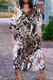 Snakeskin Geometric Print V Neck Long Sleeve Casual Outing Plus Size Straight Loose Maxi Dress