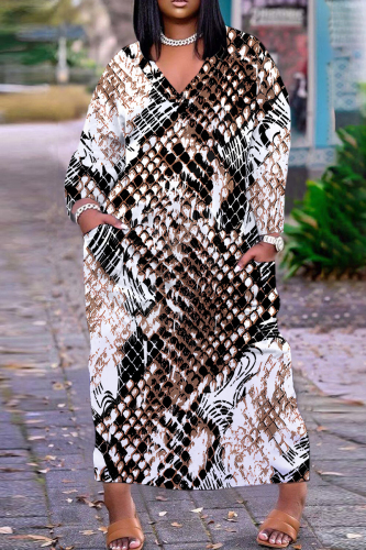 Snakeskin Geometric Print V Neck Long Sleeve Casual Outing Plus Size Straight Loose Maxi Dress